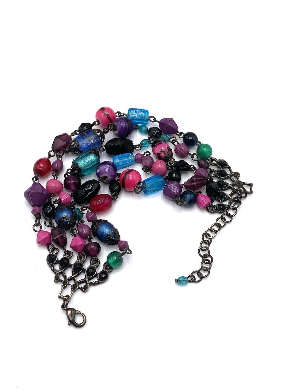 Bracelet Multi Strand Glass Beads Black Chain Adjustable